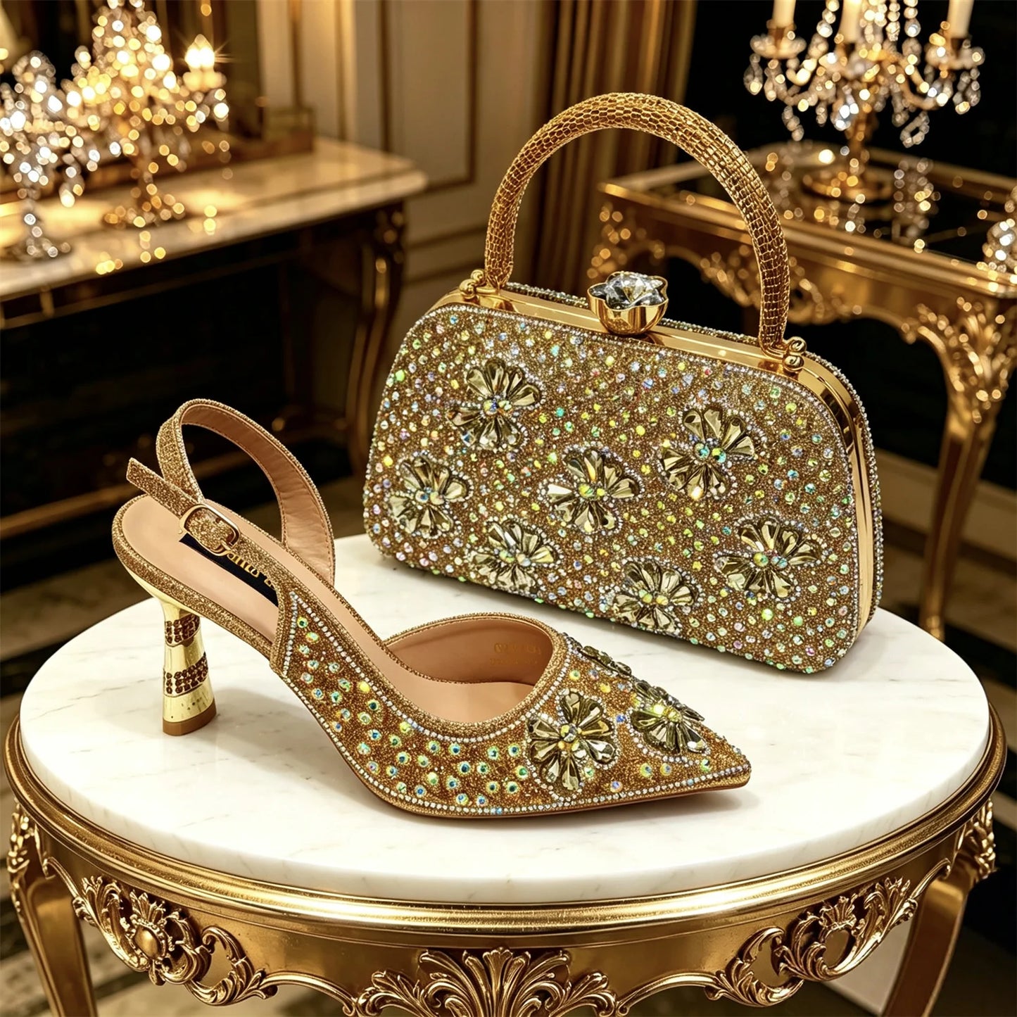 Gold Pointed Toe Rhinestone Heels & Bag Set, Sparkly Slingback Shoes for Women Wedding Party Evening Prom