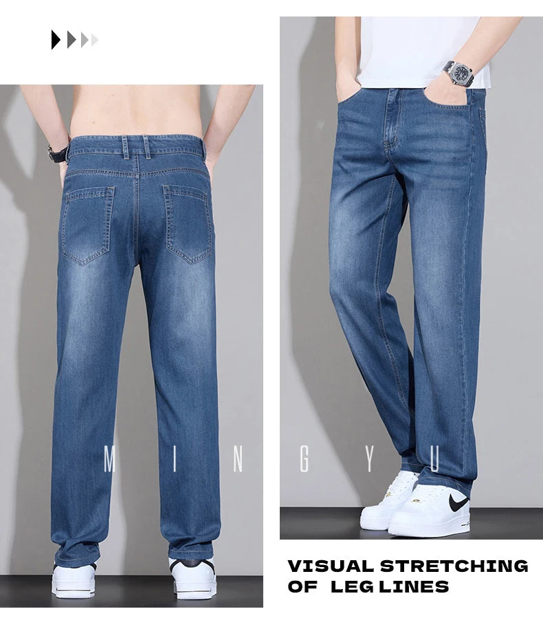 Spring Summer Brand Clothing Lyocell Fabric Men's Jeans Classic Business Straight Denim Pants Work Trousers Male Plus Size 29-40