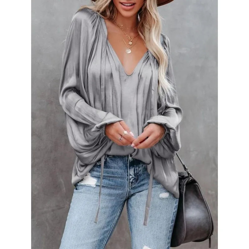 Plus Size Fashion Long Sleeve V Neck Office Casual Shirt Women Elegant Simple Loose Blouse Ladies Pleated Solid Color Top