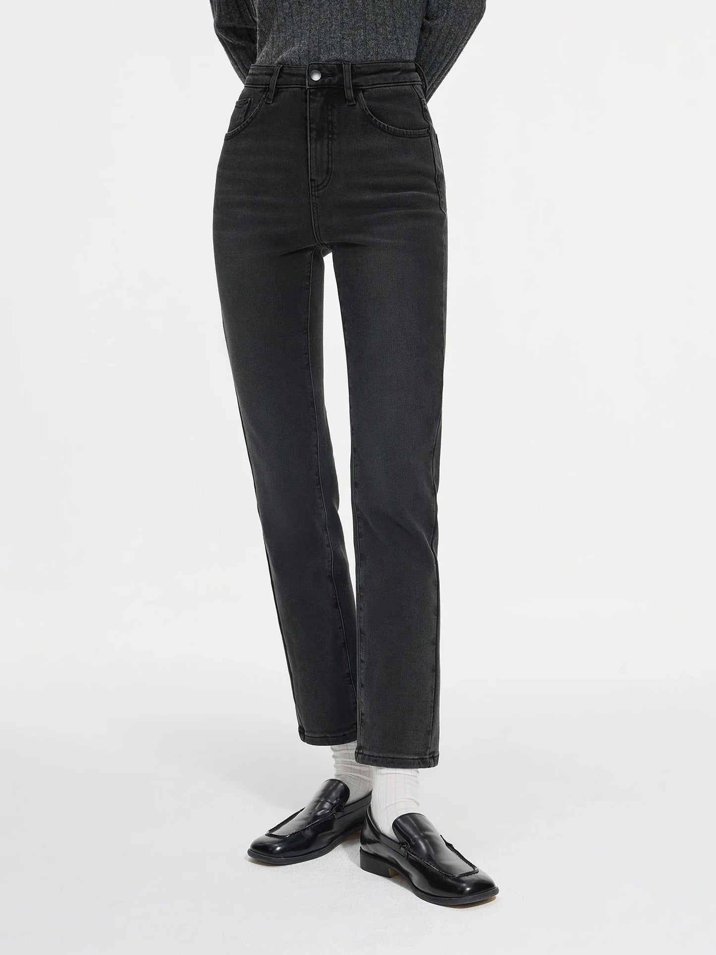 Tight Straight Stretch Padded Black Jeans For Female Winter 2024 New Design Chic Casual Pencil Pants 24FS14360