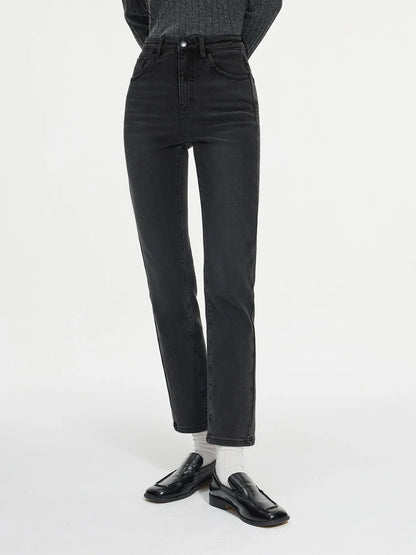 Tight Straight Stretch Padded Black Jeans For Female Winter 2024 New Design Chic Casual Pencil Pants 24FS14360