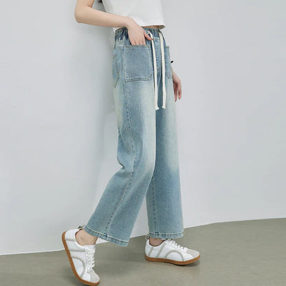 Calça Jeans Feminina Azul Descolorida Perna Larga com Cós Alto Elástico e Cordão