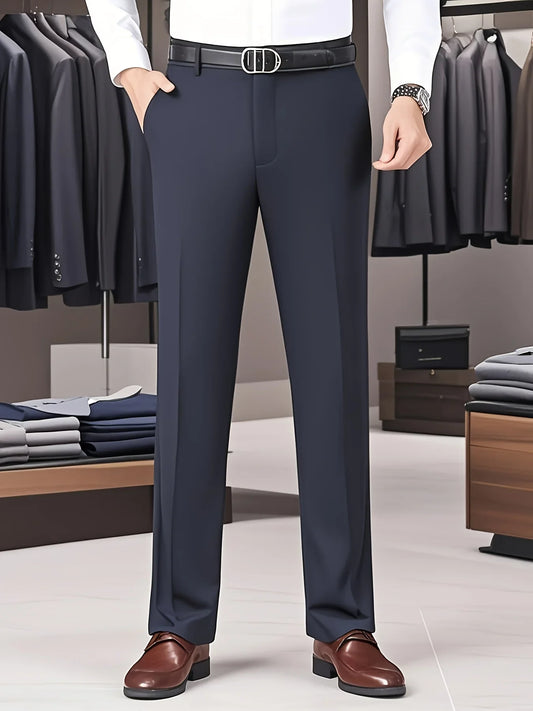 Men's High Elastic Anti-Wrinkle Straight Fit Business Pants | Non-Iron Formal Casual Trousers (1-Pack)