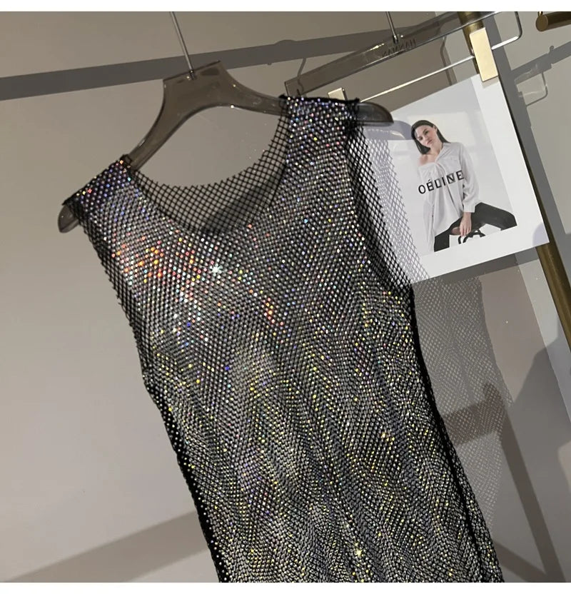 Women&Men Crystal  Rhinestones Shiny Sexy Y2K Tank Tops High Quality Party Club Sexy See Through Mesh Hollow Out Diamond shirt