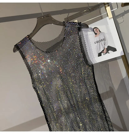 Women&Men Crystal  Rhinestones Shiny Sexy Y2K Tank Tops High Quality Party Club Sexy See Through Mesh Hollow Out Diamond shirt