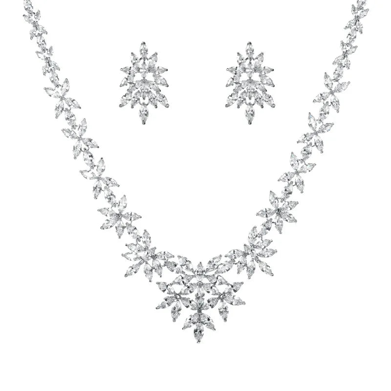 Brand Luxury Marquise Cut Cubic Zirconia Cluster Wedding Necklace and Earring Bridal Jewelry Set