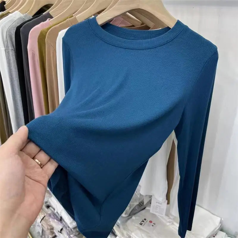 Outono Escritório Senhora Básica Gola Redonda Slim T-Shirt Feminina Cor Sólida Multicor Tendência Versátil Casual Top Manga Longa Elástico Canelado