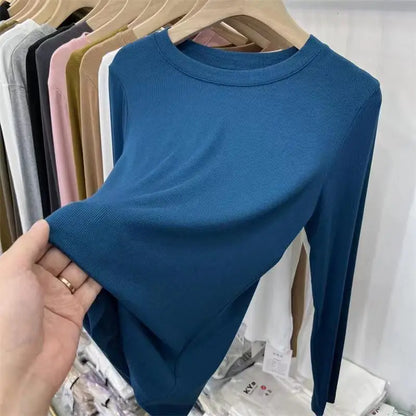 Outono Escritório Senhora Básica Gola Redonda Slim T-Shirt Feminina Cor Sólida Multicor Tendência Versátil Casual Top Manga Longa Elástico Canelado