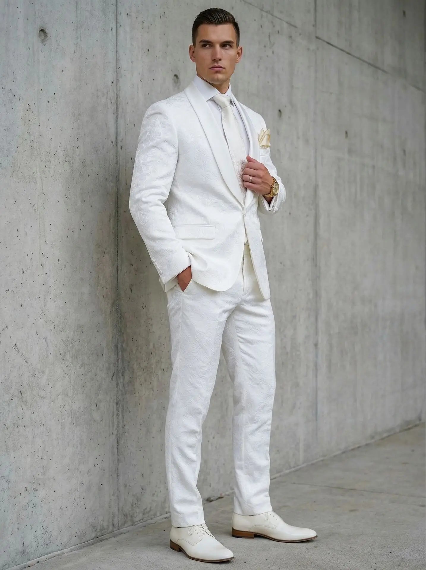 2026 Groomsmen White Pattern Groom Tuxedos Shawl Satin Lapel Men Suits 2 Pieces Wedding Bridegroom