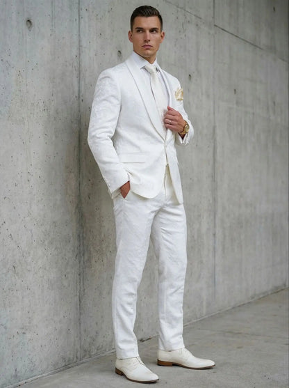 2026 Groomsmen White Pattern Groom Tuxedos Shawl Satin Lapel Men Suits 2 Pieces Wedding Bridegroom