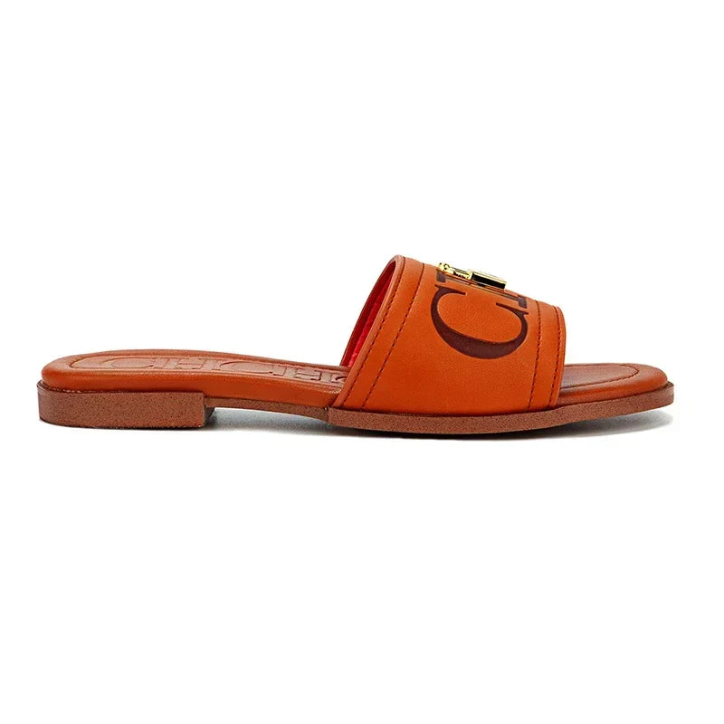 Fashion Monogram Print Elegant Design Women's Low Heeled Slippers Solid Color High Quality Metal Lock Simple Single Shoes