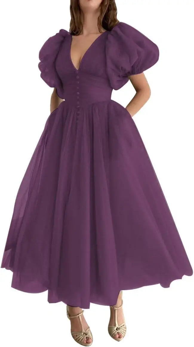 Puffy Sleeve Prom Dresses for Women Dotted Tulle V Neck Formal Evening Party Gowns Tea Length Formal Dress Women Elegant