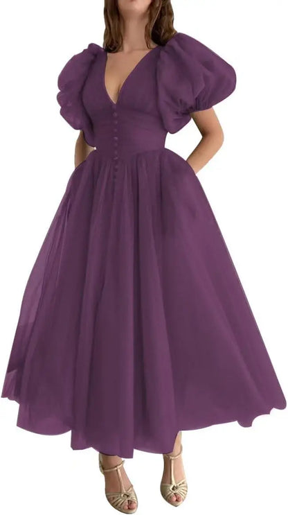 Puffy Sleeve Prom Dresses for Women Dotted Tulle V Neck Formal Evening Party Gowns Tea Length Formal Dress Women Elegant