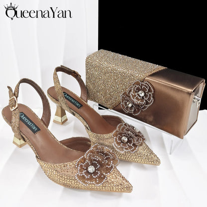 African-Inspired Evening Shoes and Handmade Clutch Set Pointed Toe High-Heel Women's Footwear and Matching Bag