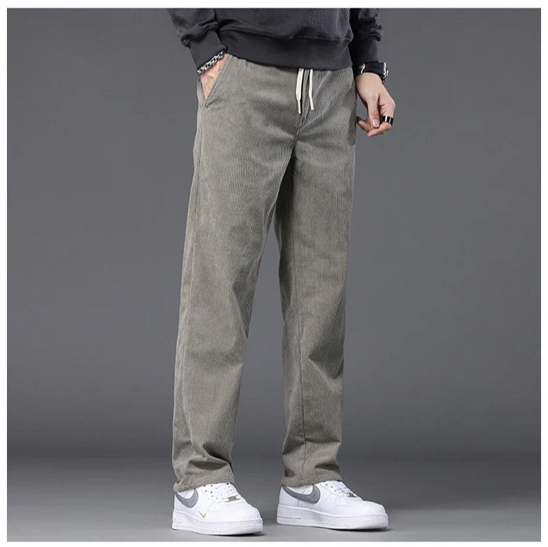 Straight Corduroy Classic Male Pants Khaki Black Gray Baggy Fashion Elastic Waist Trousers Soft Stretchy Casual Men's Clothing