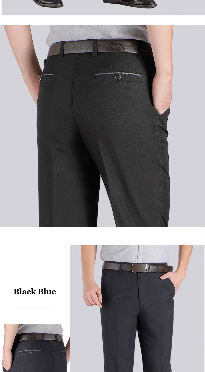 New Arrival Mens Casual Business Pants Man Mid Full Length Soft Trim Brand Trousers Regular Straight Black Grey Large Size 28-40