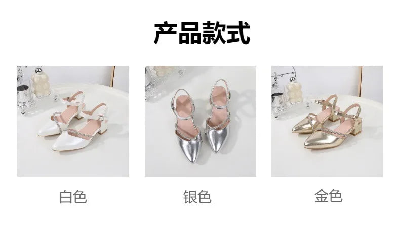 Girls' High Heels Sandals Fashion Rhinestone Pointed Toe Children's Princess Shoes Rubber Soles Non Slip Casual Sandals