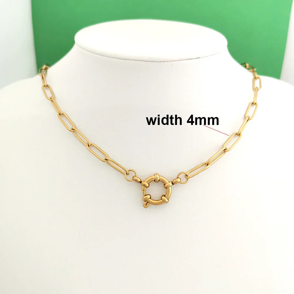 Spring Sailor Clasp Necklace Women Men Choker Stainless Steel Geometric Paperclip Link Chain Rolo PVD Gold Color Wholesale