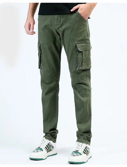 Men's Street Style Elastic Waist Denim Cargo Pants Solid Color Washed Slim Fit Casual Jeans with Multiple Pockets for Daily Wear