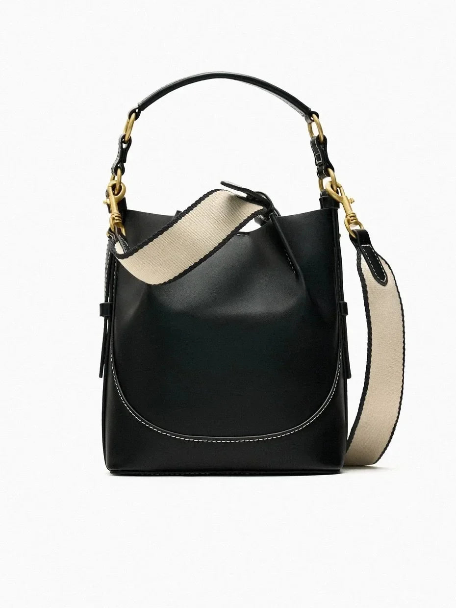 New Women's Large Capacity Bucket Bags with Wide Shoulder Strap Single Shoulder Handbag Drawstring Handheld Crossbody Bags