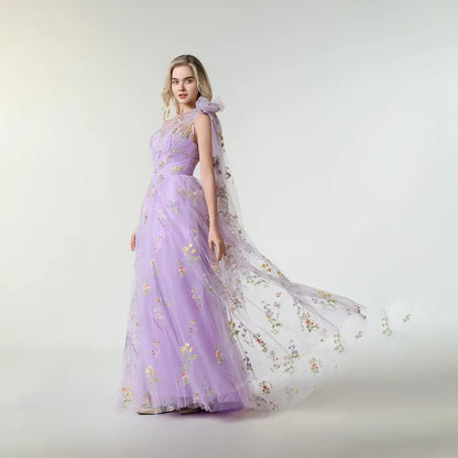 Vestido Longo de Formatura Feminino Elegante de Um Ombro Só com Bordado Floral em Tule, Modelo Godê para Festas de Gala