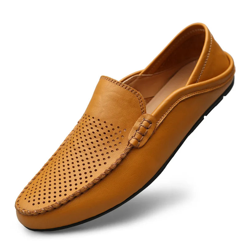 Summer Men Casual Shoes Leather Moccasins Breathable Slip on Boat Shoes Italian Luxury Brand Mens Driving Loafers Size 37-47
