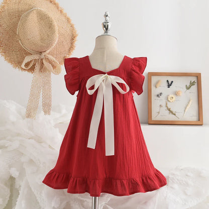 Pink Dreamy Sweet Girl Fairy Princess Dress Sleeveless Bow Decoration Mesh Lace Children's Casual Clothes Birthday Party Summer