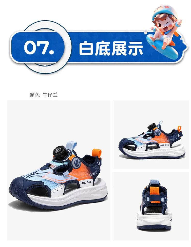 Kids Rotating Button Closed-Toe Sandals, Breathable Mesh Sport Shoes for Boys, Non-Slip Adjustable Summer Beach Sneakers