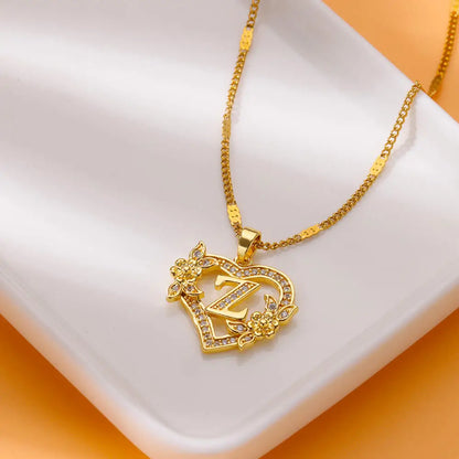 Flower Zircon Initial Heart Pendant Necklaces For Women 2024 Trend Stainless Steel Letter Necklaces Jewelry Best Friend Gifts