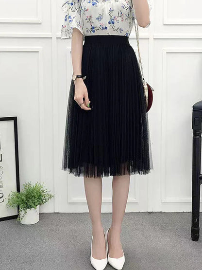 Elegant Women Tulle Skirt  Korean Fashion Mesh White A Line Ladies Pleated Skirt Summer Chic High Waist Black Party Faldas