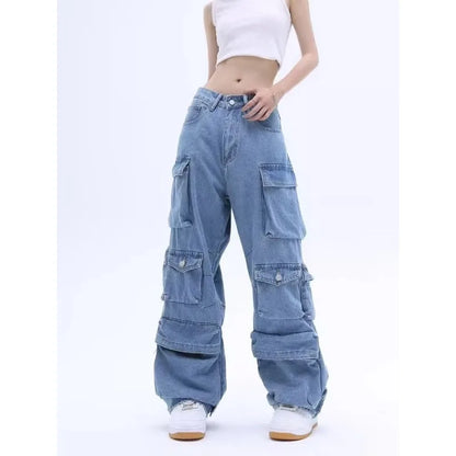 Multi-Pocket Blue Washed Jeans Cargo Pants