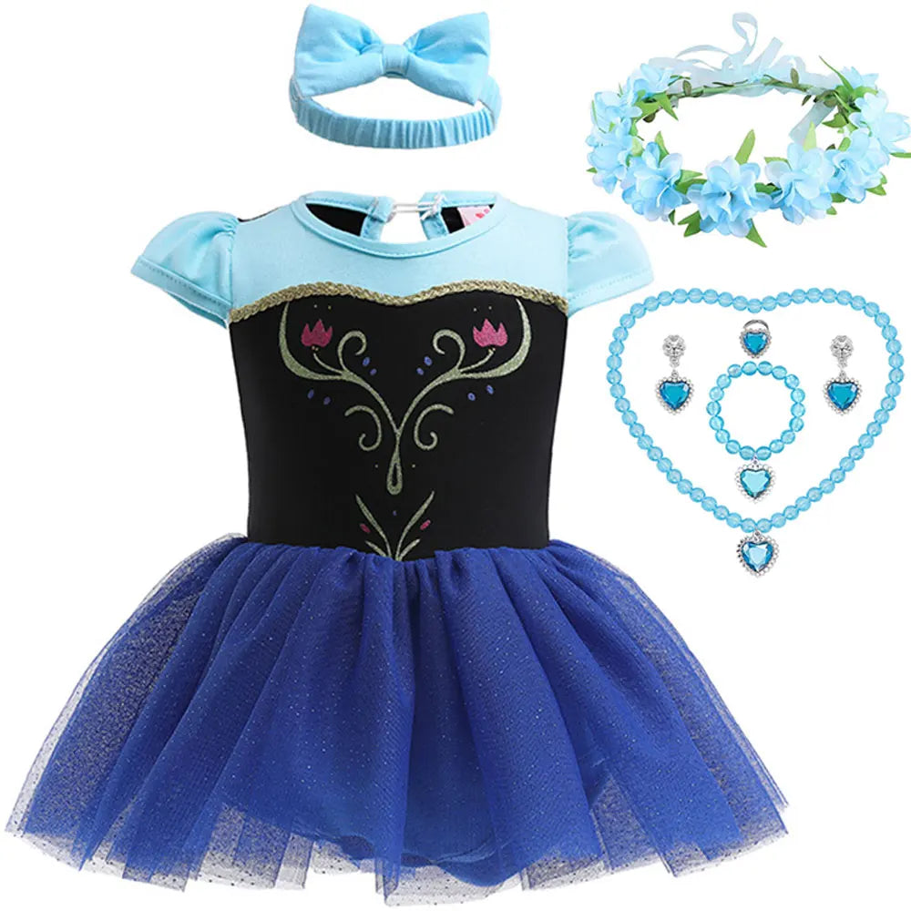 New Infant Baby Romper Blue Dress Snow White Elsa Anna Costume Cute Design Baby Cotton Dress+Headband Accessories Set