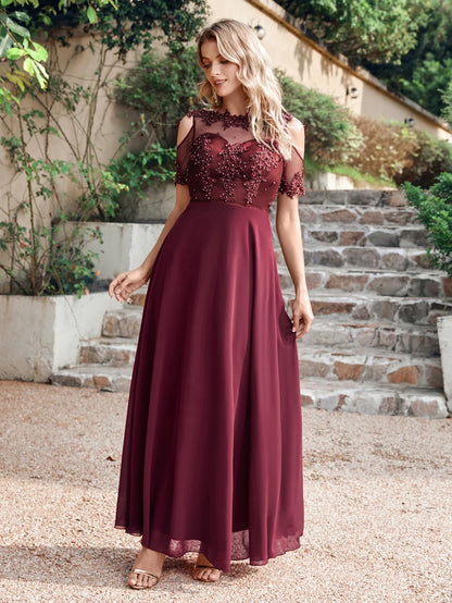 New Burgundy Evening Dresses Illusion Lace Appliques O-Neck Short Sleeve Prom Dress Sheer Back A-Line Long Formal Party Gowns