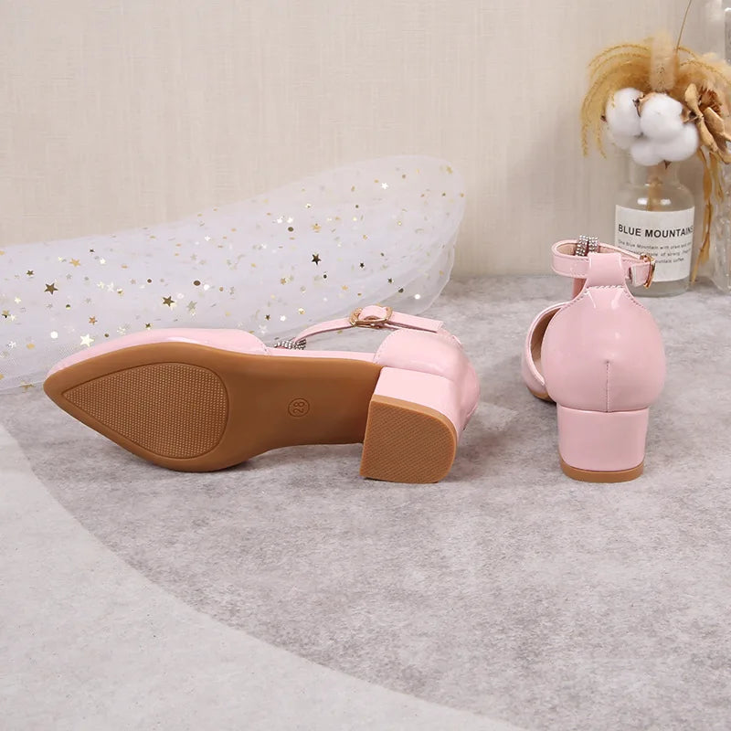 Children's Thick Heel Sandals Summer New Pointed-toe Girls' Crystal Princess Shoes Fashion Children's High-heeled Leather Shoes