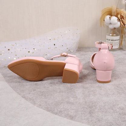 Children's Thick Heel Sandals Summer New Pointed-toe Girls' Crystal Princess Shoes Fashion Children's High-heeled Leather Shoes