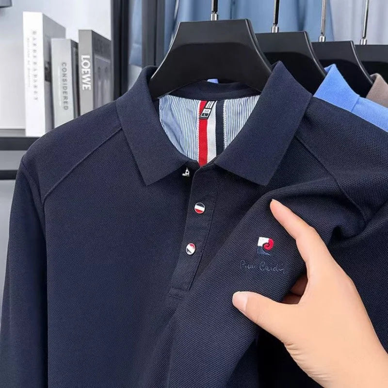Original Design Men's Polo Shirt Lapel Long Sleeve T-Shirt Autumn New Solid Exquisite Letter Embroider Business Smart Menswear