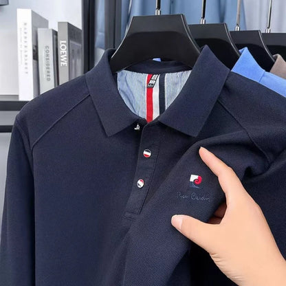 Original Design Men's Polo Shirt Lapel Long Sleeve T-Shirt Autumn New Solid Exquisite Letter Embroider Business Smart Menswear