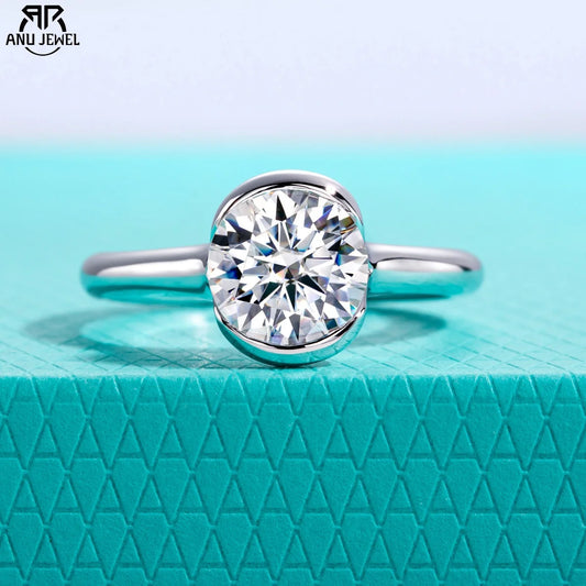 2ct D Color Moissanite Engagement Ring 925 Sterling Silver Half Bezel Setting Solitaire Promise Rings for Women Gifts