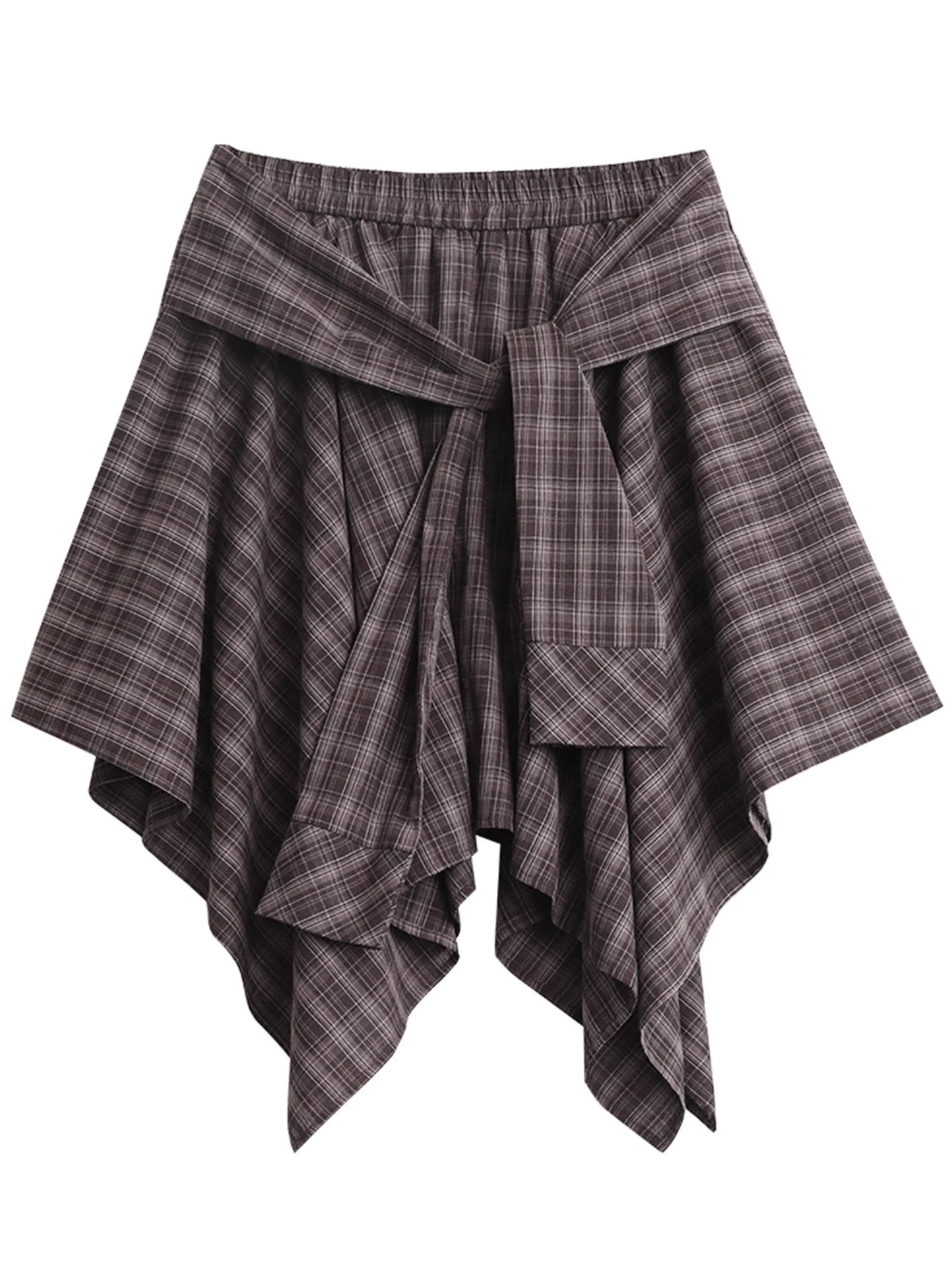 Women Skirts A Line Elastic Waist Strap Ties Irregular Plaid Half Length Skirt Female Short Skirt Woman Summer 2025