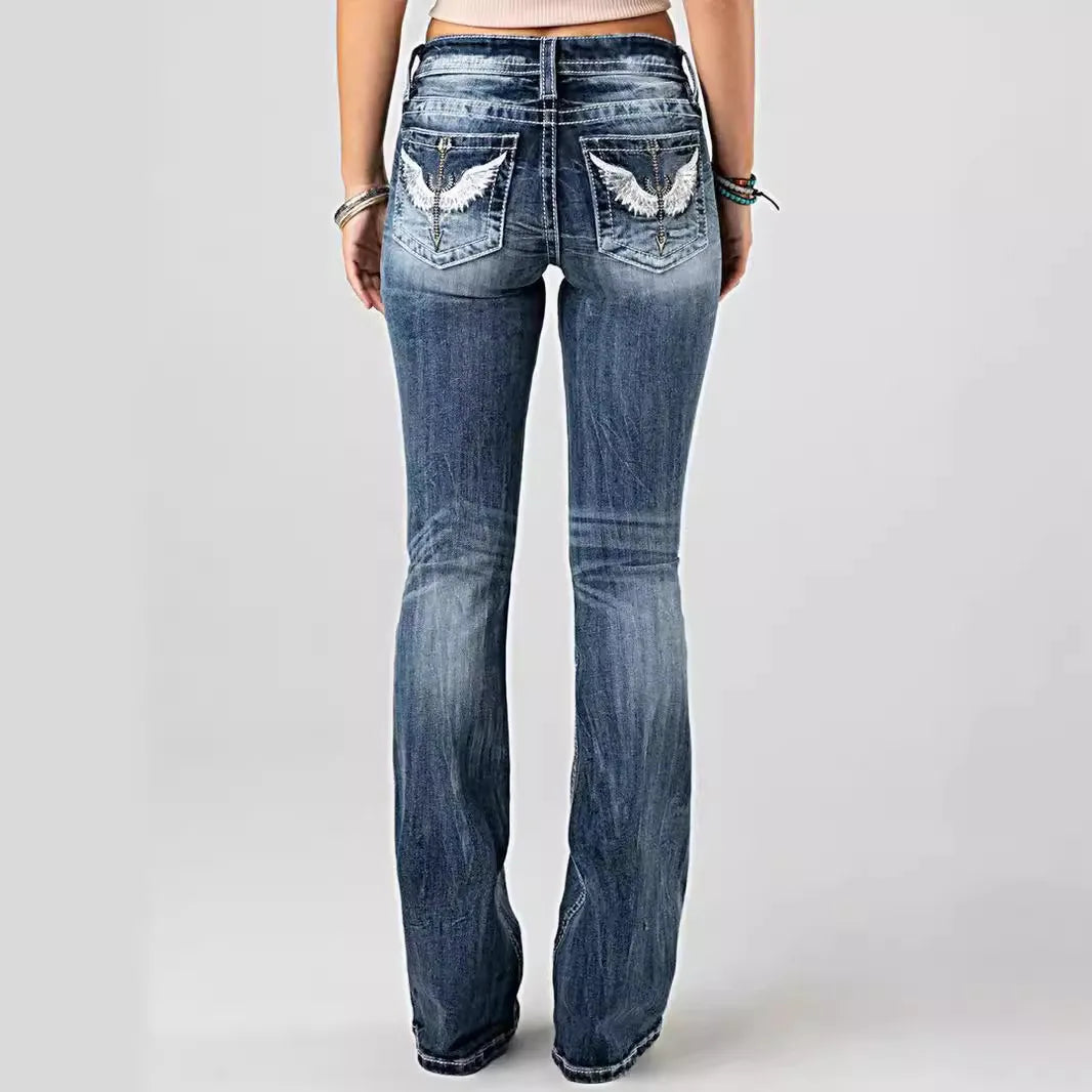 Women Embroidery Pockets Distressed Jeans