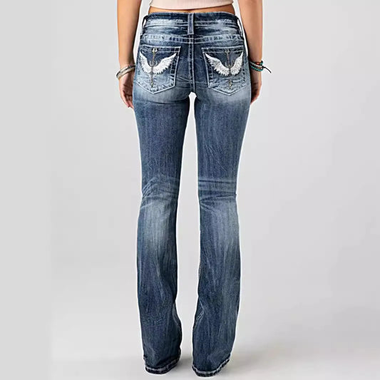 Women Embroidery Pockets Distressed Jeans
