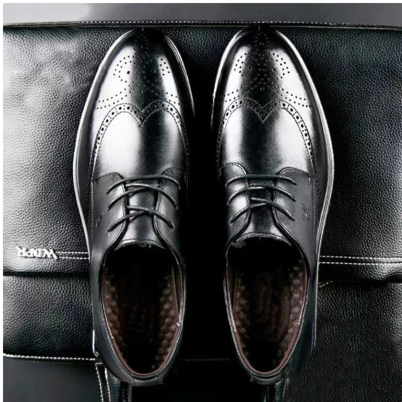 Men's Dress Brogues Elevator Shoes Platform Breathable Casual Business Luxury Genuine Leather Heightening Shoes 6 CM Taller Man
