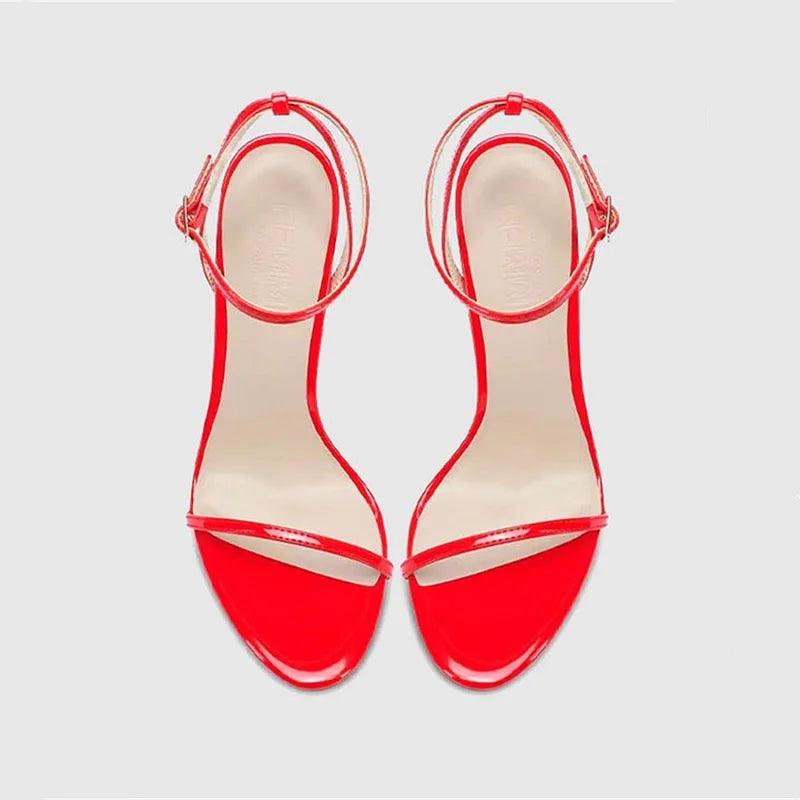 New Red High Heel Sandals with Women's Thin Heel, Metal Leather Strap, Black Sexy, Open toed Style, Foot Ring33-46