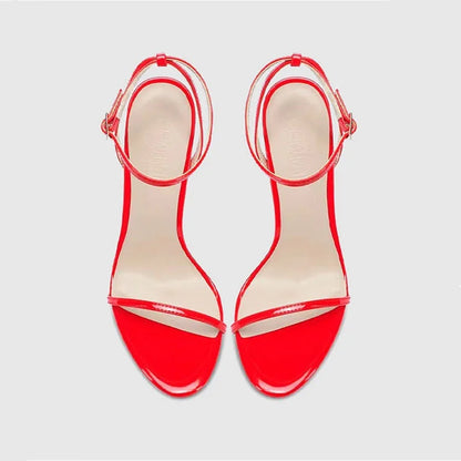 New Red High Heel Sandals with Women's Thin Heel, Metal Leather Strap, Black Sexy, Open toed Style, Foot Ring33-46