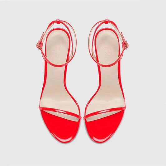 New Red High Heel Sandals with Women's Thin Heel, Metal Leather Strap, Black Sexy, Open toed Style, Foot Ring33-46