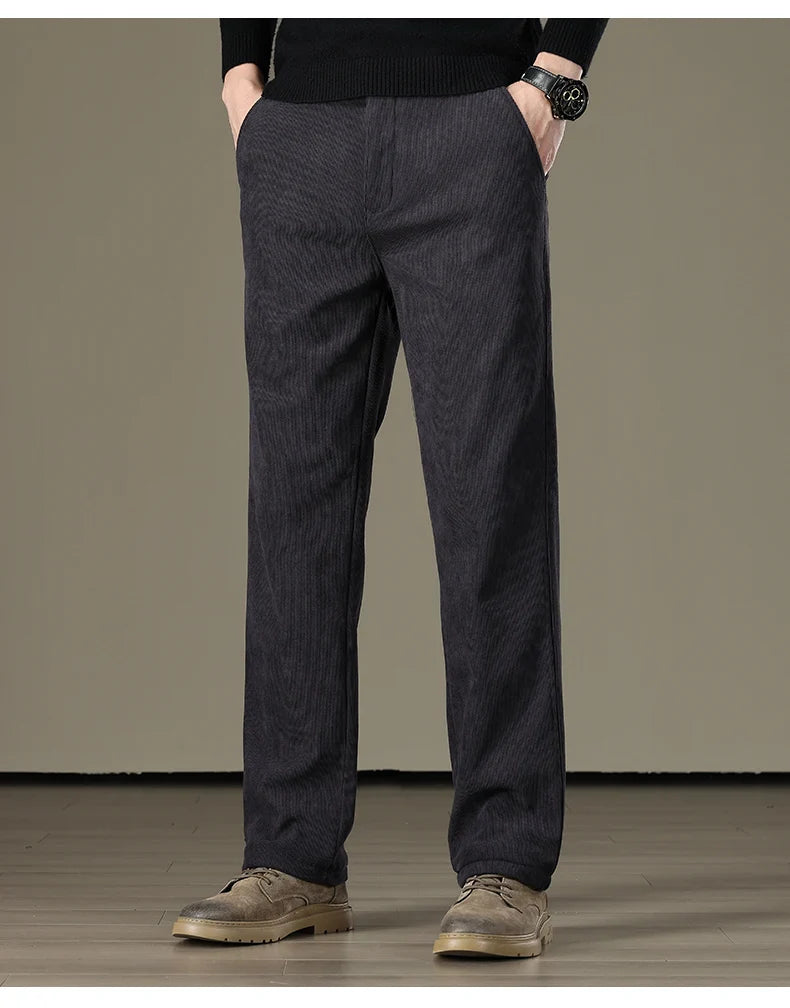 Winter Men Business Fleece Thick Casual Pants Straight Velvet Corduroy Warm Cold Resistant Bottoms Elastic Waist Trousers