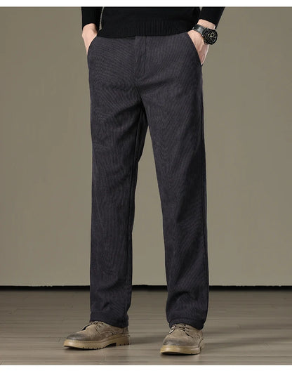 Winter Men Business Fleece Thick Casual Pants Straight Velvet Corduroy Warm Cold Resistant Bottoms Elastic Waist Trousers