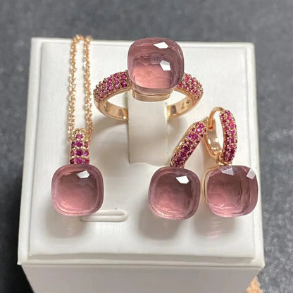 Conjunto de Joias Femininas 3 Peças - Anel, Brincos e Colar Banhados a Ouro Rosé com Zircônia Roxa Incrustada