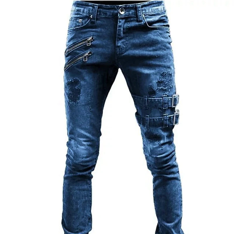 Men's Retro Moto Biker Straight Elastic Jeans Zipper Distress Hole Punk Skinny Denim Cargo Pants Streetwear Y2K Hombre Trousers