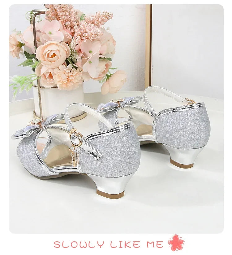 New Girl's High Heel Shoes for Kids Party Wedding Fashion Princess Causal Dress Shoes Sequins Versatile Children's Crown Sandals